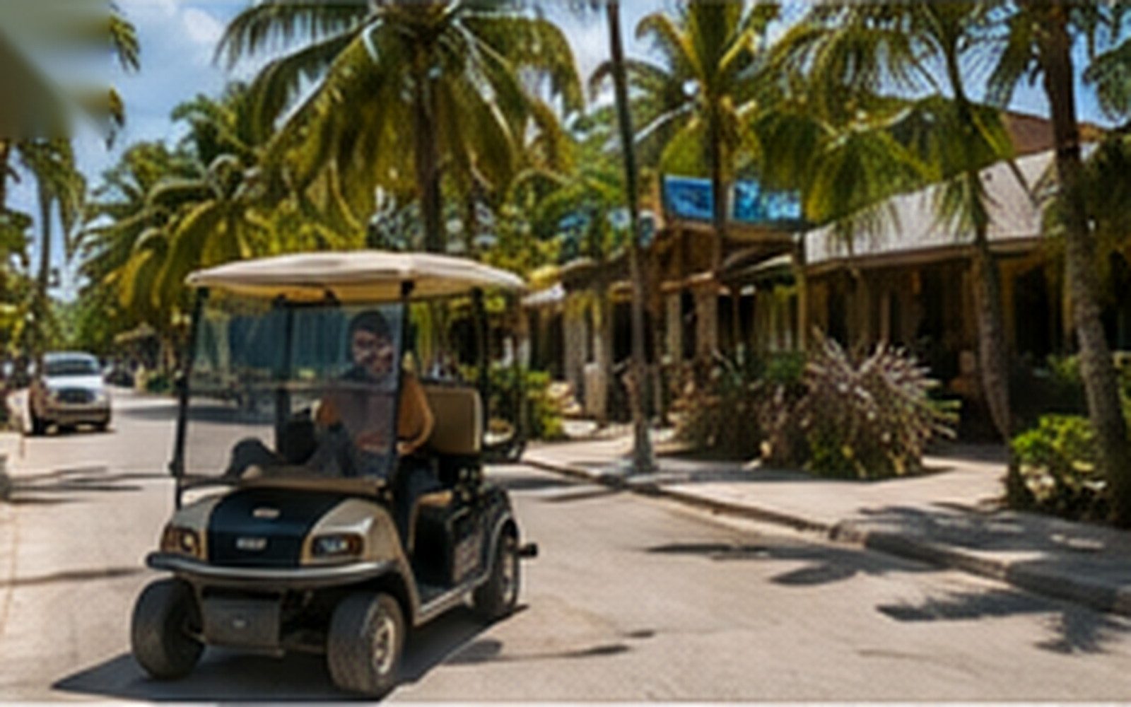 A small passenger vehicle sharing a daytime Tulum street with pedestrians and other traffic.