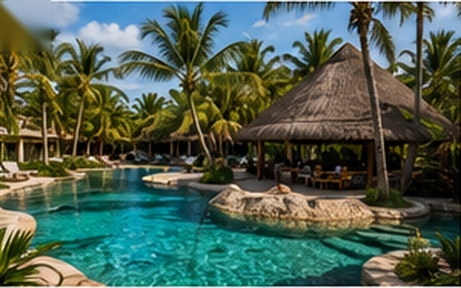 A tropical hotel and pool setting representing lodging in Tulum’s coastal zone.