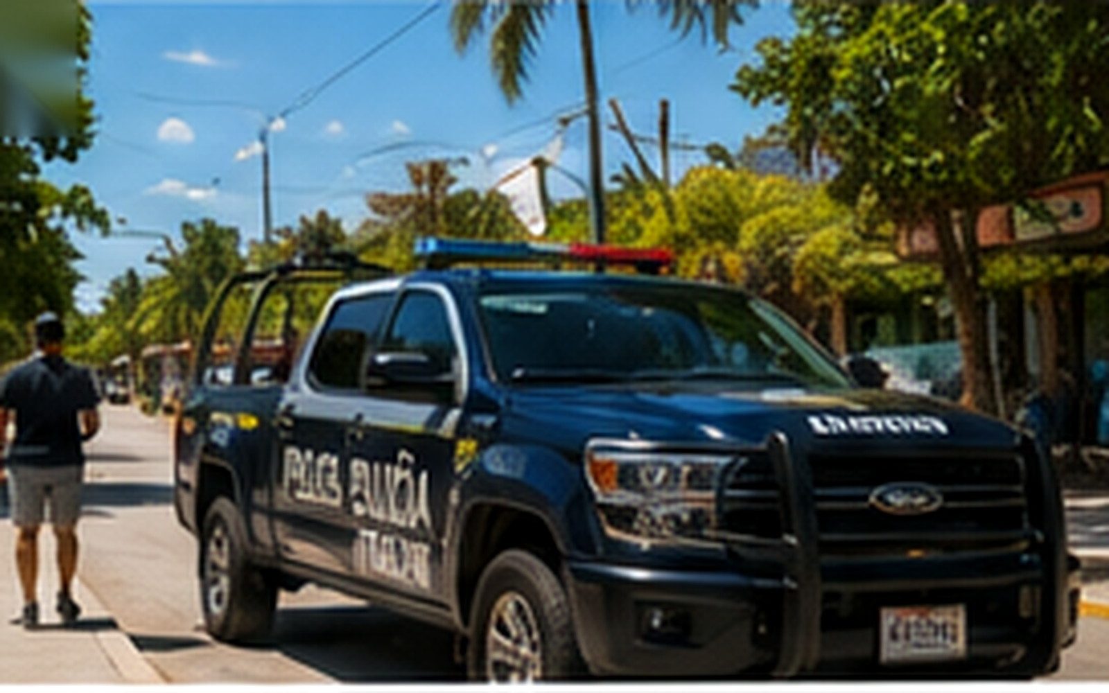 A public-safety vehicle and officer on a daytime street in Tulum.