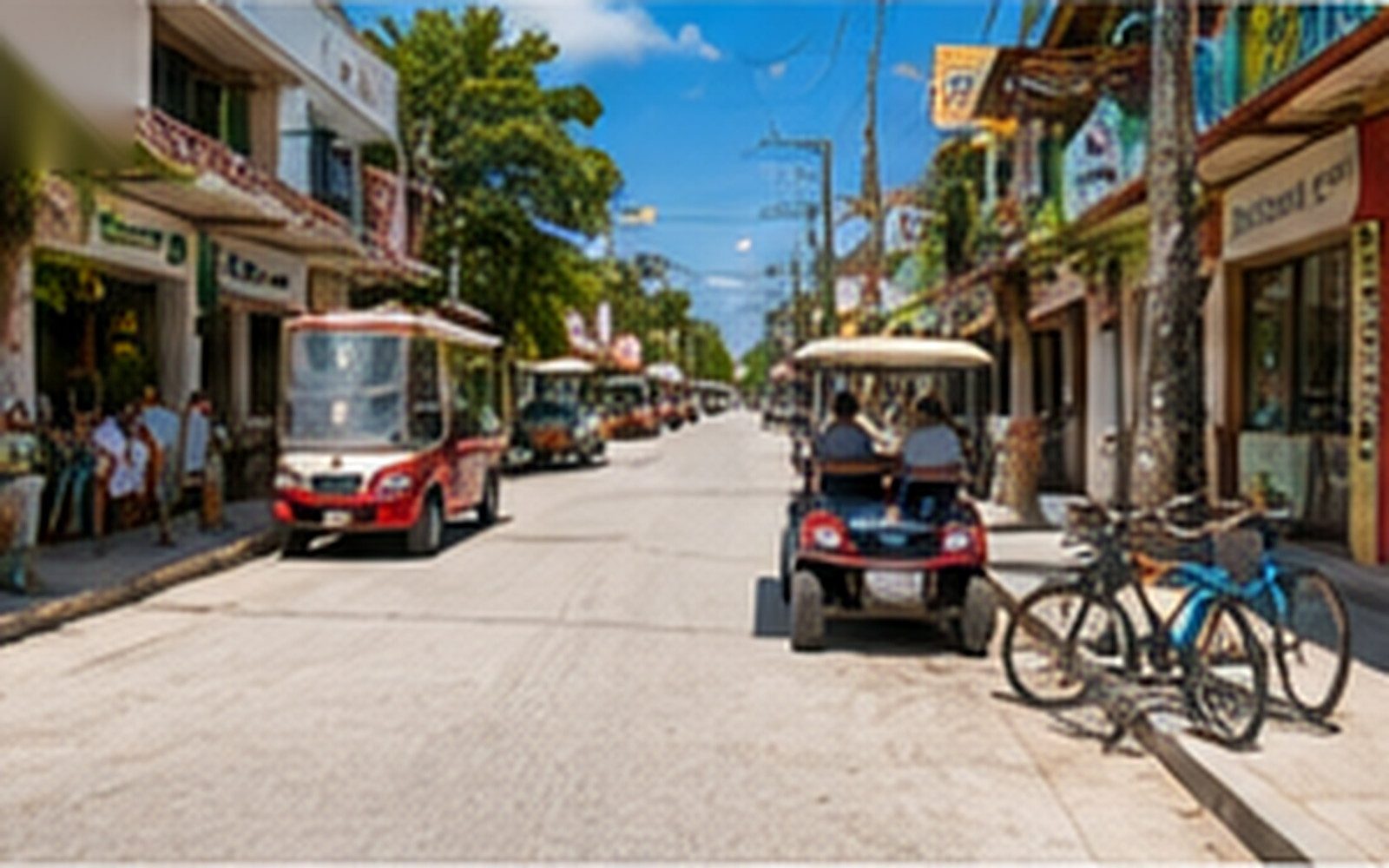 A daytime street in Tulum Pueblo with shops, bicycles, pedestrians and local transportation.