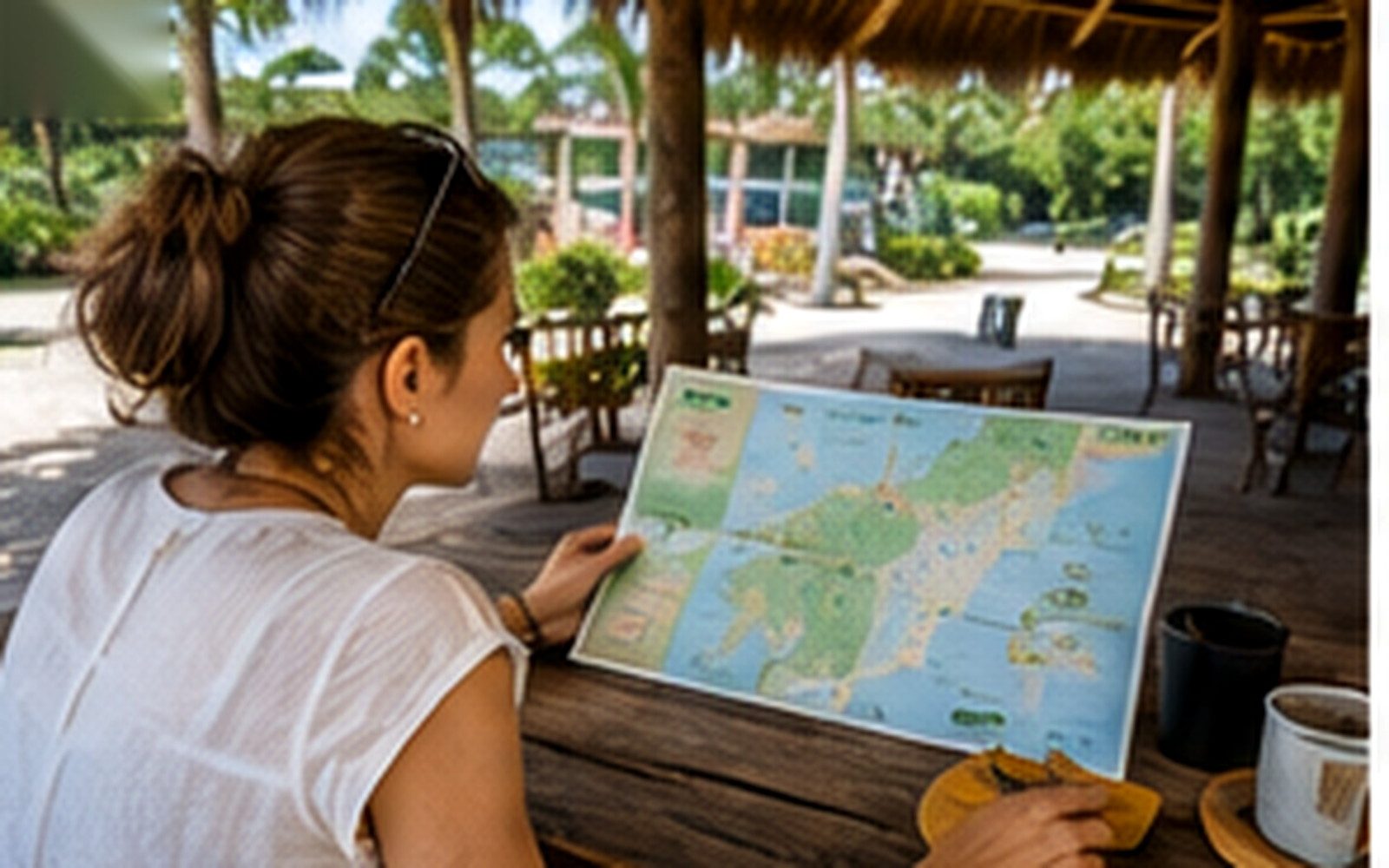 A traveler comparing Tulum locations on a map before planning the day.