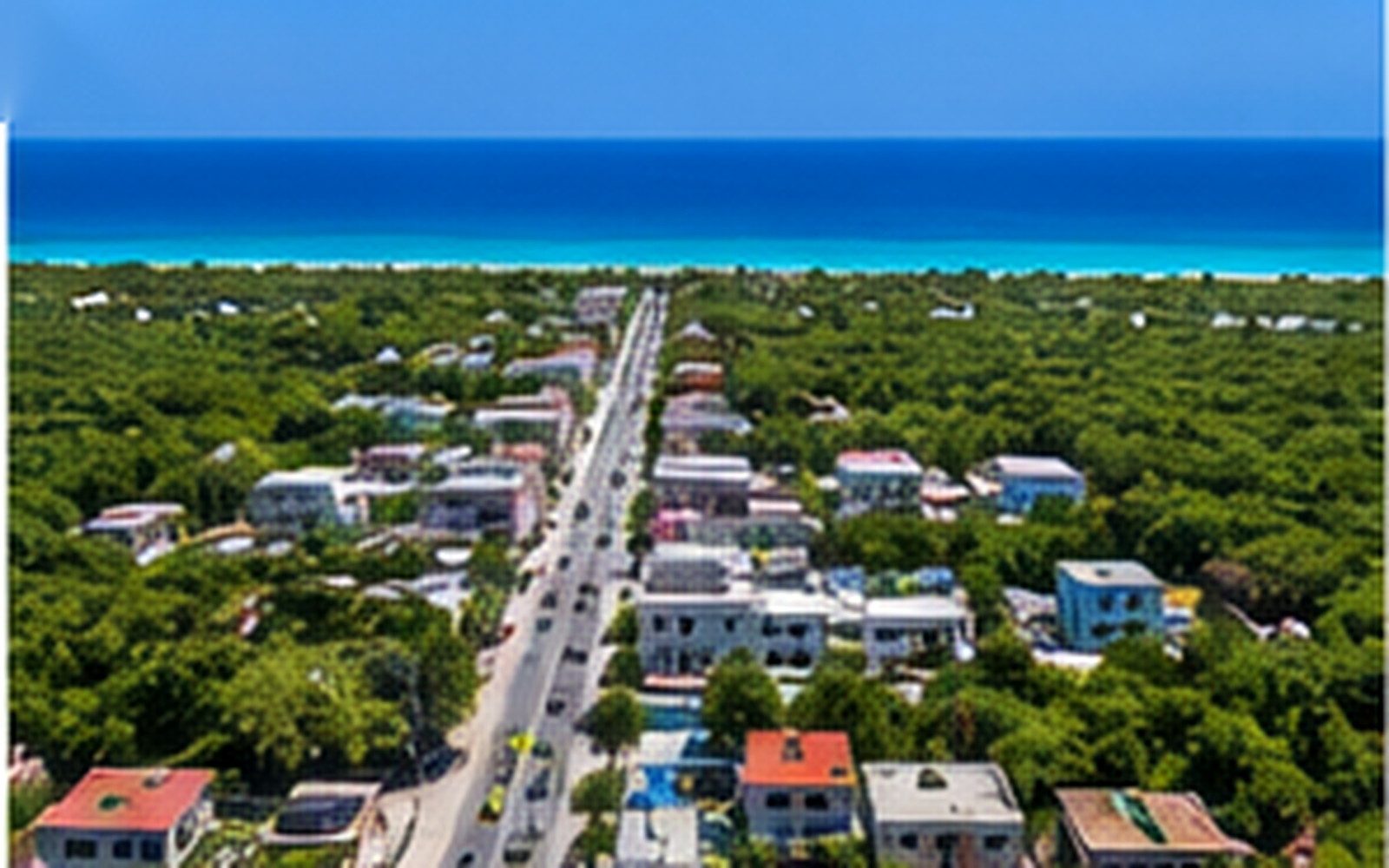 A broad view showing Tulum Pueblo, green development and the Caribbean coast.