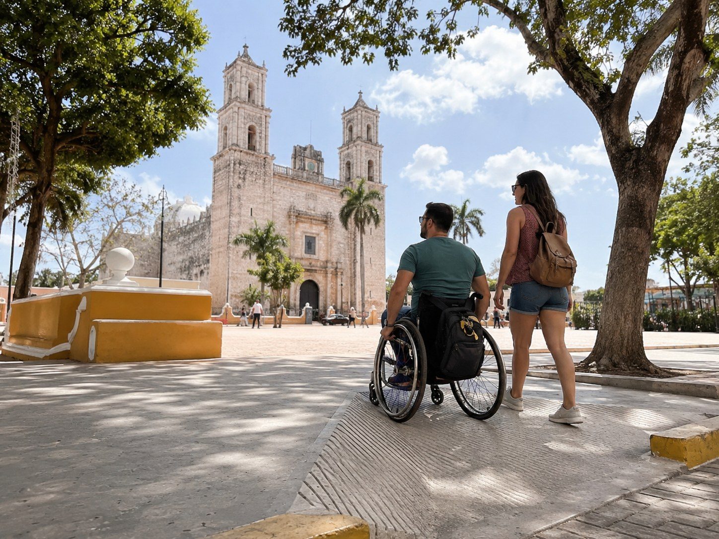 Traveler using a mobility device on a broad public route near Valladolid’s main square.