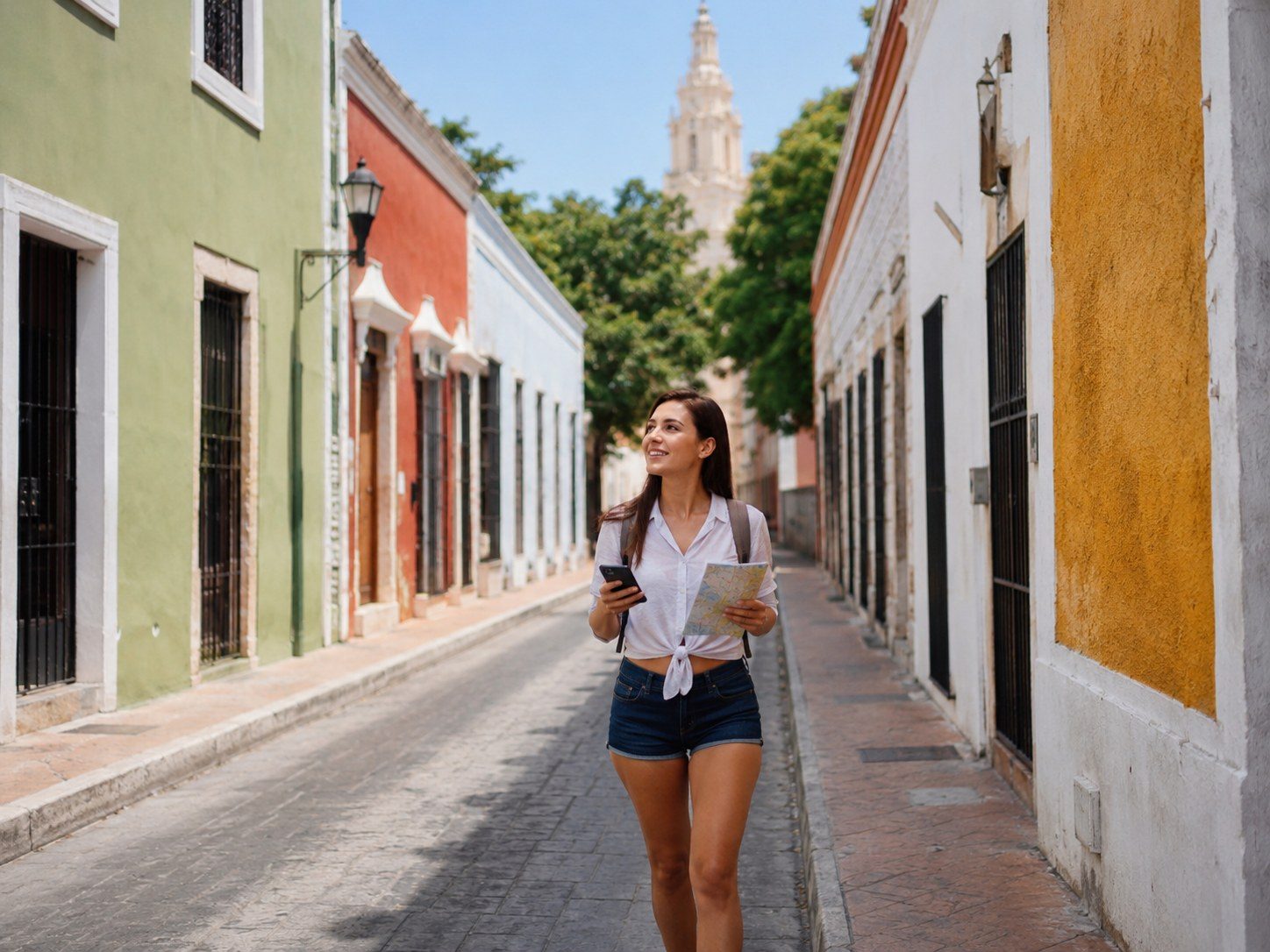 Traveler reviewing a Valladolid walking map beside the main square without blocking pedestrian traffic.
