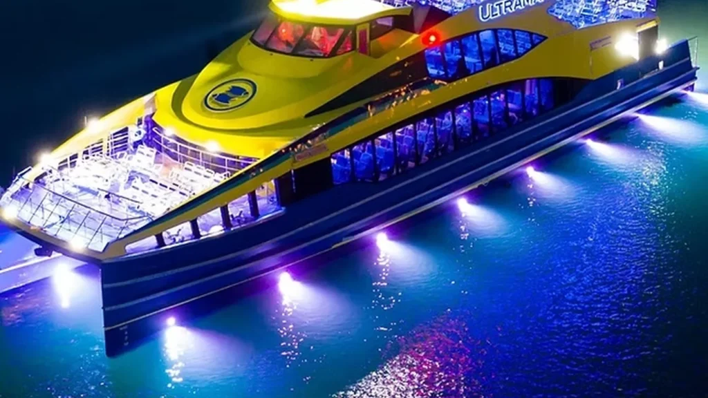 Illuminated Ultramar ferry operating at night