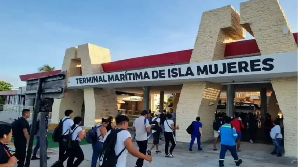 Travelers entering the Isla Mujeres maritime terminal