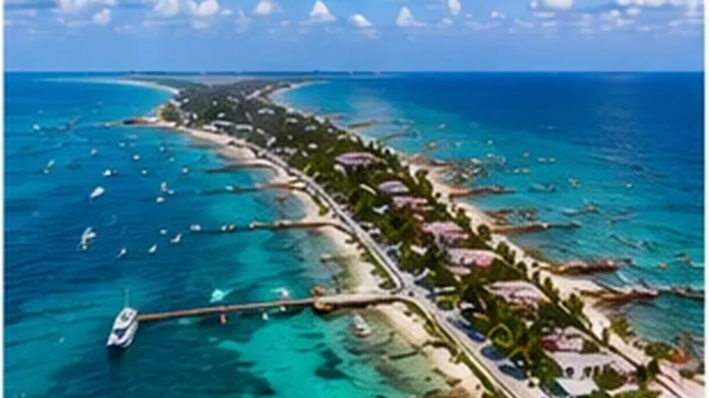 Aerial view of Isla Mujeres between turquoise Caribbean waters
