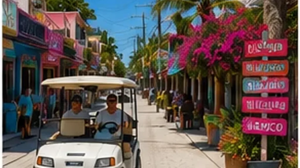 Golf cart on a colorful street in Isla Mujeres