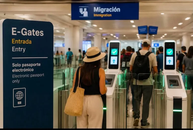 Eligible travelers using automated immigration e-gates at Cancún International Airport.