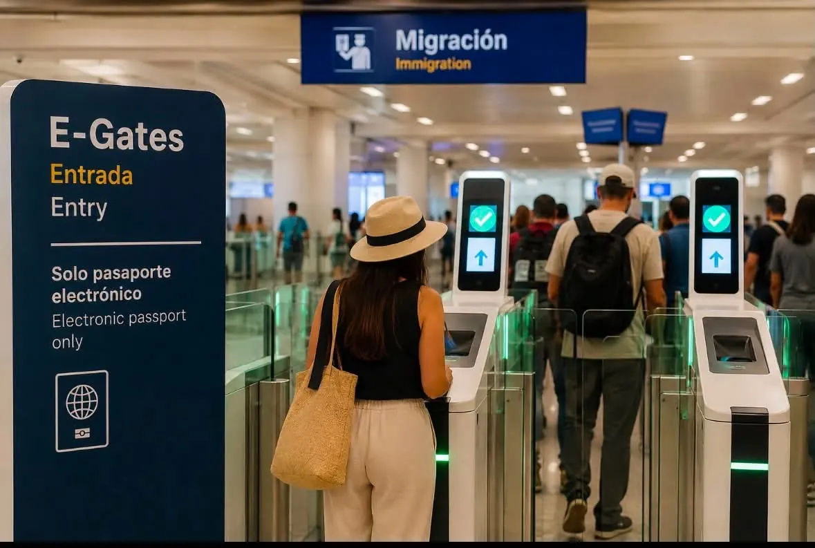 Eligible travelers using automated immigration e-gates at Cancún International Airport.