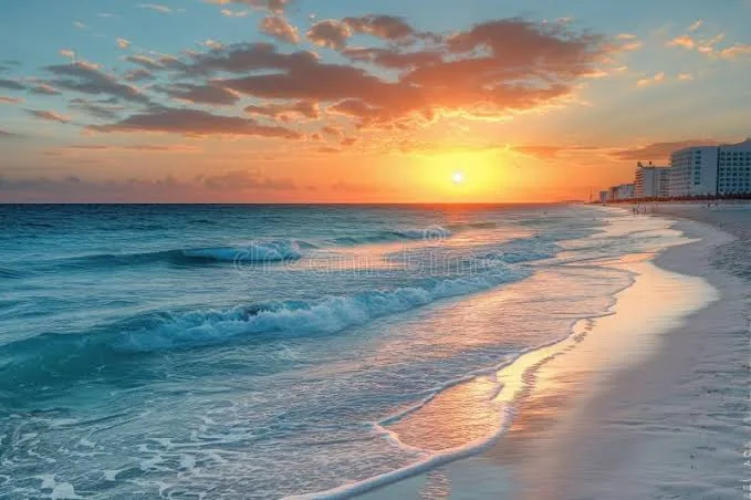 Warm sunset light spreading across a quiet Cancún beach