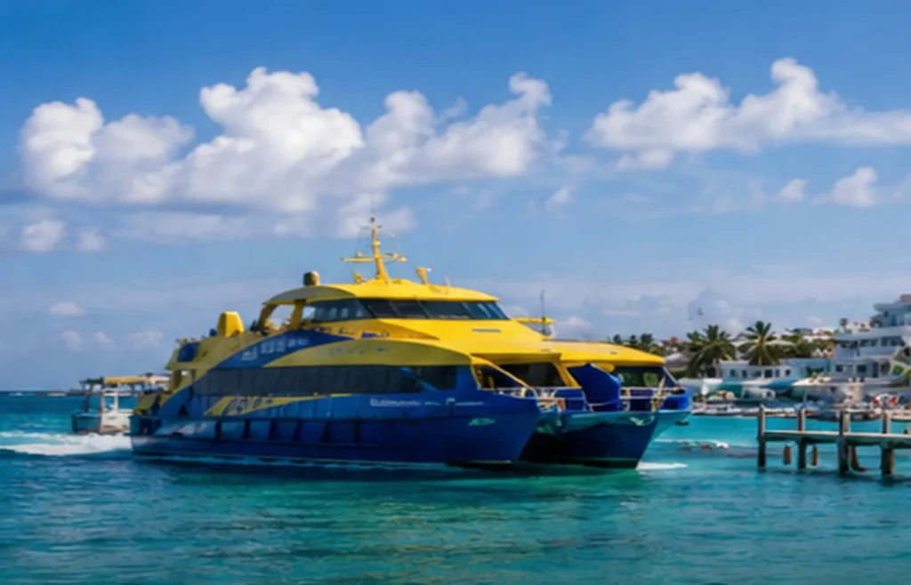 Yellow passenger ferry serving Isla Mujeres over turquoise Caribbean water