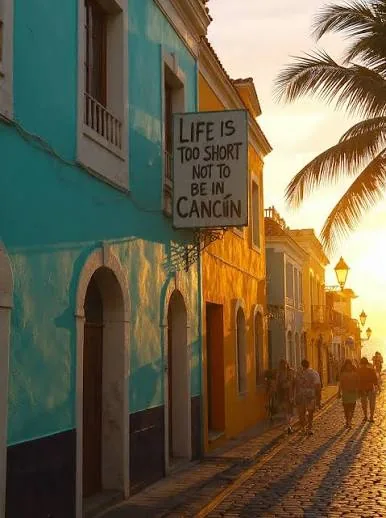 A handmade sign on a colorful street reading Life is too short not to be in Cancún