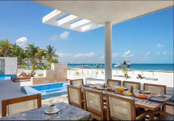Breakfast on an open terrace facing the Caribbean