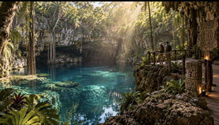 Cenote-inspired jungle scene representing Xibalba near Valladolid, Yucatan