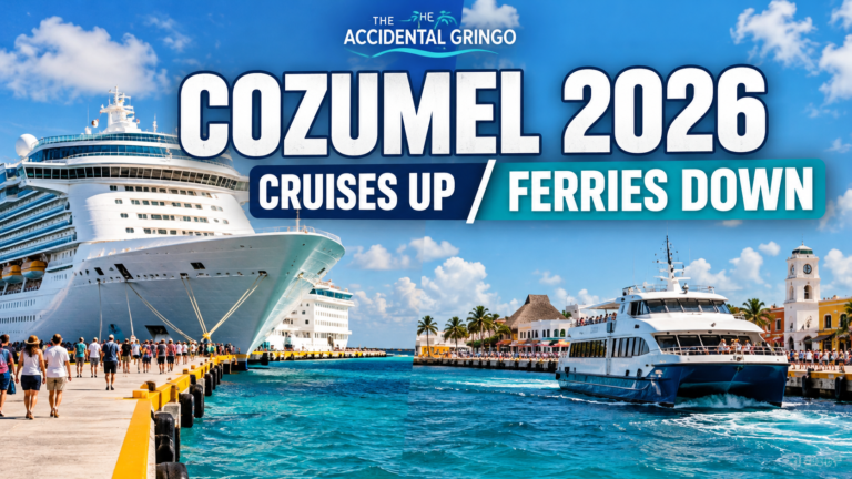 Cozumel 2026: Cruises up, ferries down; split image showing a cruise ship and passenger ferry