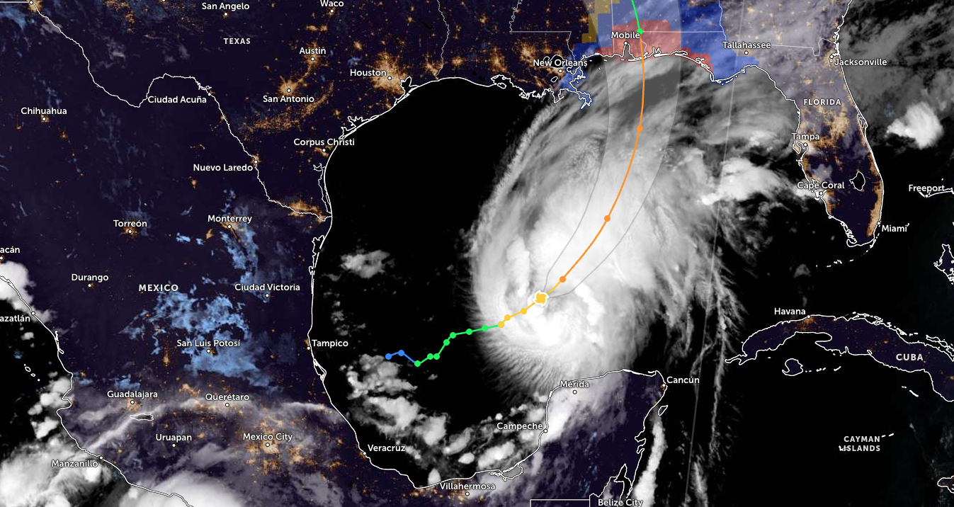 User-supplied Gulf of Mexico hurricane satellite and track illustration, not independently authenticated as an official forecast