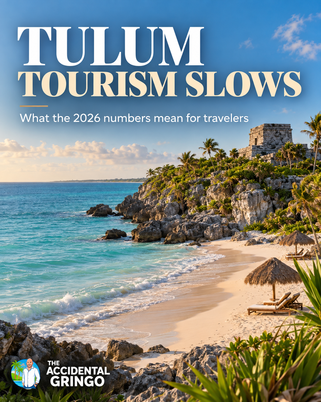 Tulum coastline and ruins with headline about the 2026 tourism slowdown